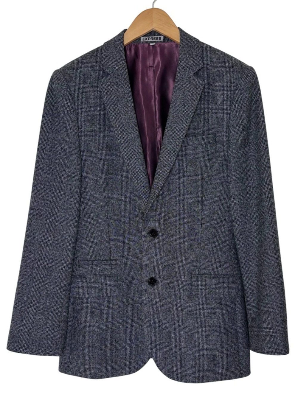 Express Men’s Photographer 36R Gray Plaid Wool Blend Fitted Blazer
